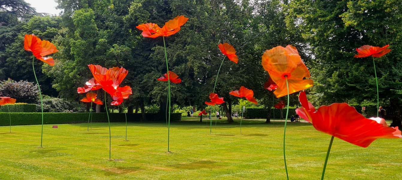 Des coquelicots géants au Château de Cheverny, oeuvre d'Alexis Boyer