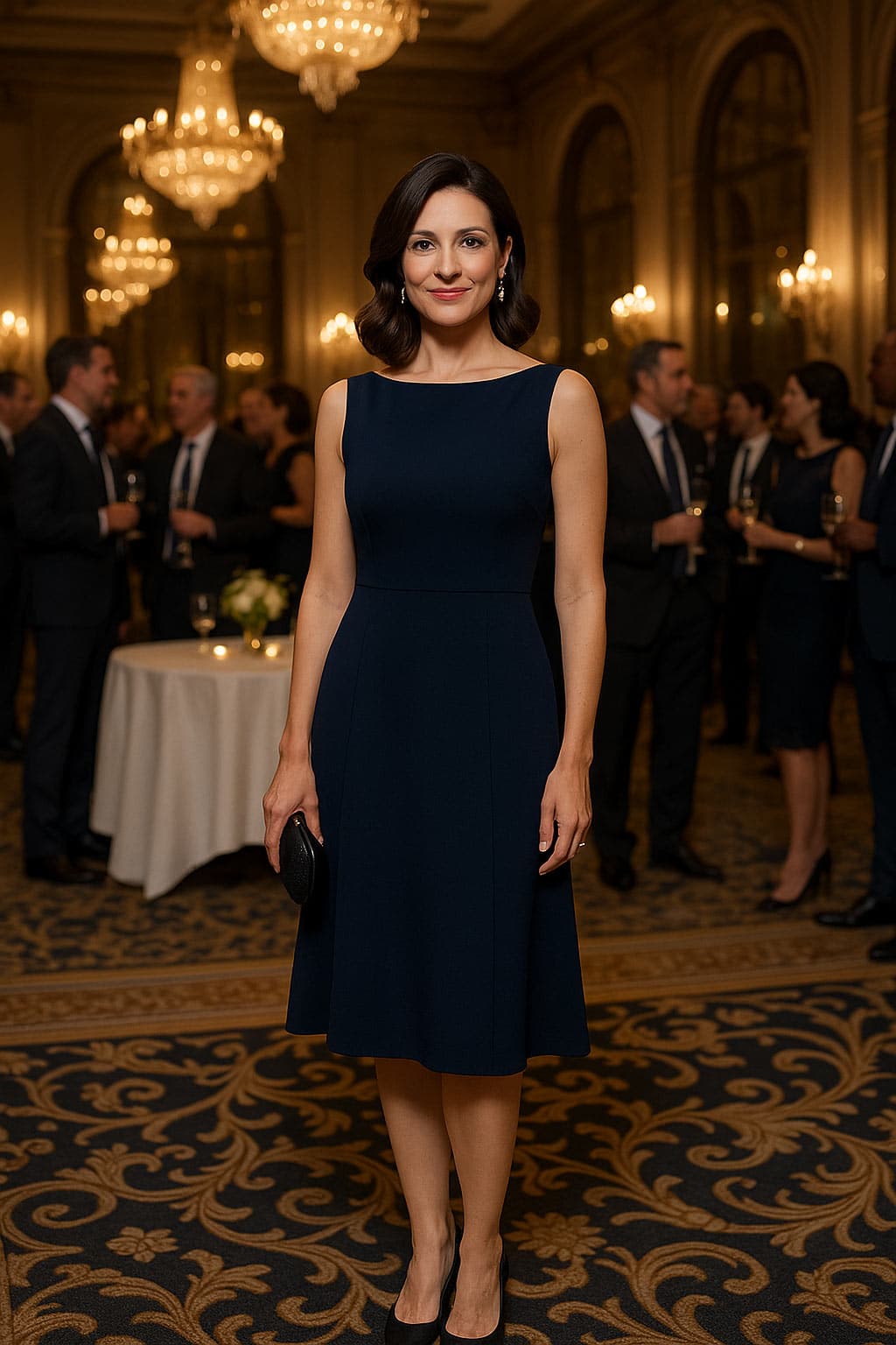 Femme portant une robe mi-longue dans une couleur profonde comme le bleu nuit pour une soirée d'entreprise